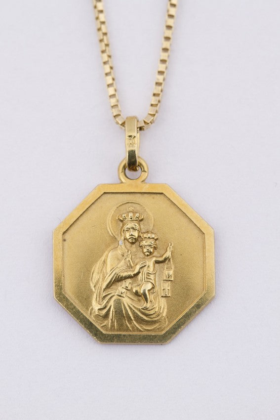 14 krt. gouden scapulier medaille aan gouden collier