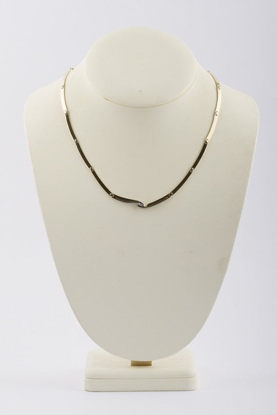 Wit/geel gouden schakel collier met briljant