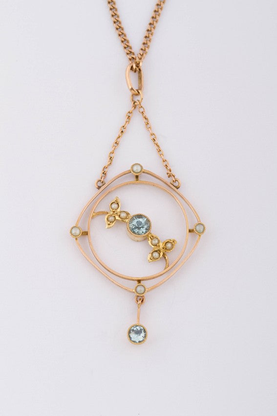 Antieke 9 krt. engelse victoriaanse hanger met aquamarijn en parels