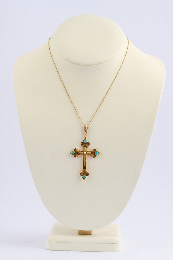 Gouden kruis met parel en turkoois