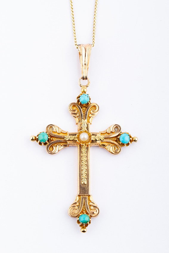 Gouden kruis met parel en turkoois