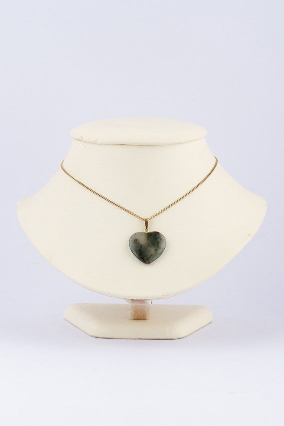 Moss agate heart pendant on gold necklace