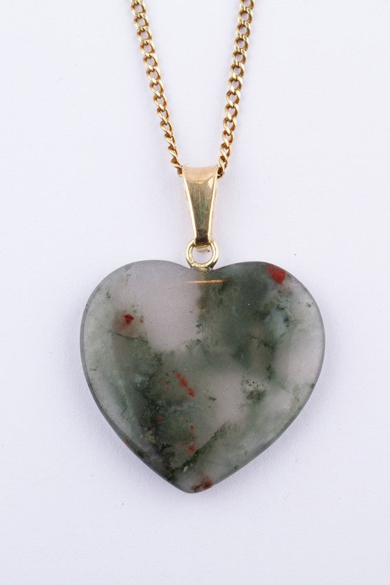 Moss agate heart pendant on gold necklace