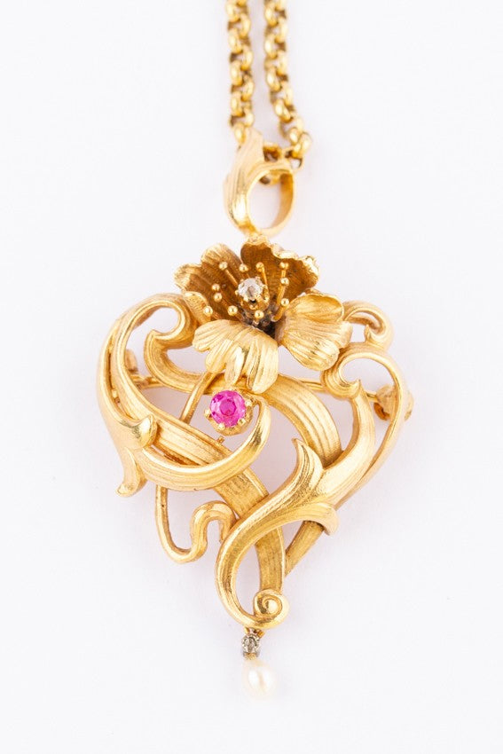 Antieke gouden hanger 'Belle Epoque' met briljant, robijn en parel