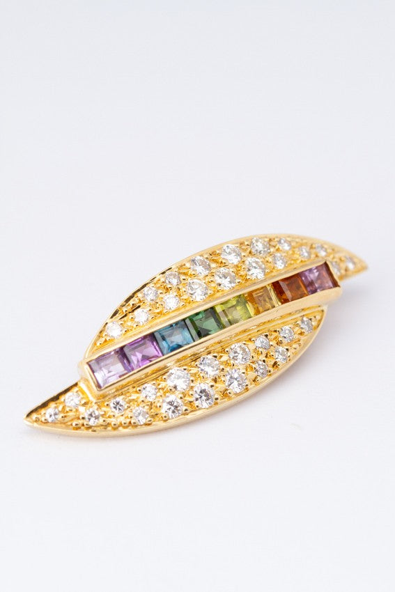 Gouden hanger met diverse edelstenen in regenboogkleuren gezet (chakra), briljanten aan gouden collier