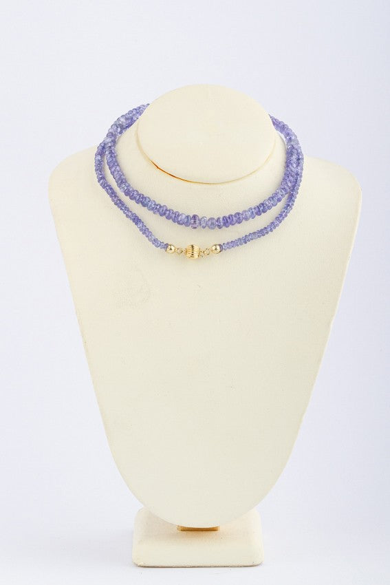 Tanzanite necklace en-chute strung on a gold clasp