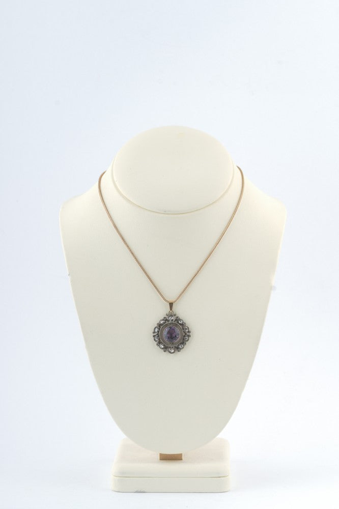 Gold/silver pendant with amethyst and diamonds on a gold foxtail necklace