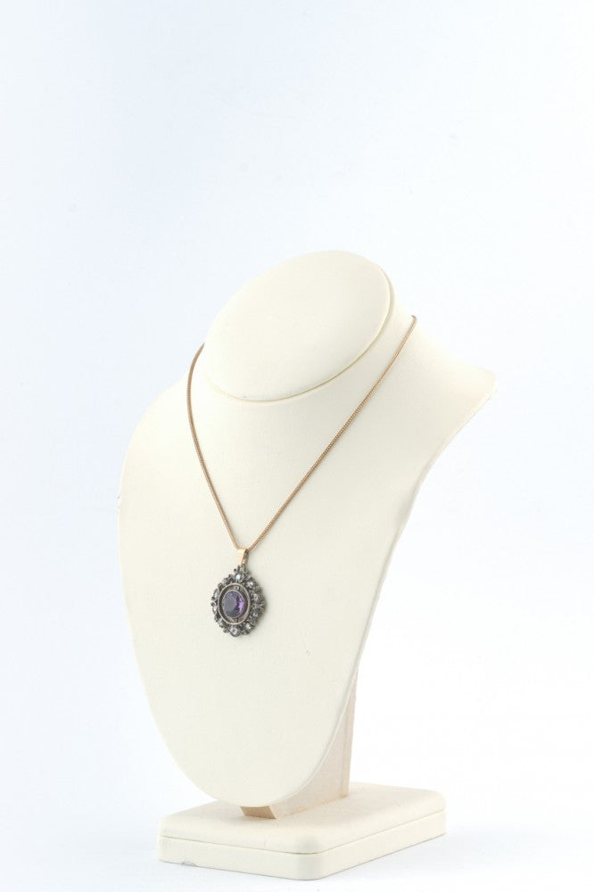 Gold/silver pendant with amethyst and diamonds on a gold foxtail necklace
