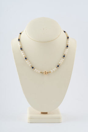 Cultivé parel lapis lazuli collier met goudkleurige bollen en gouden slot