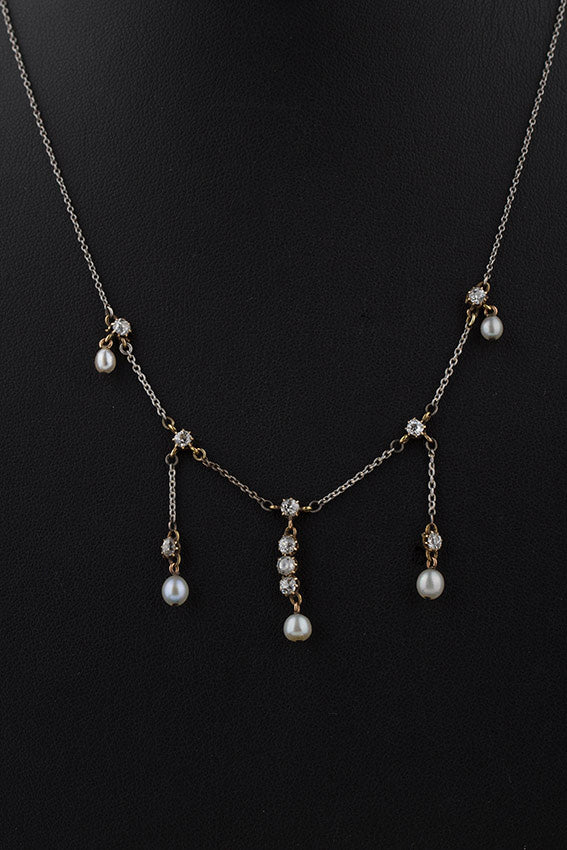 Antiek wit/geel gouden collier met oud geslepen briljant