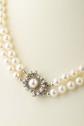2-strand cultured pearl necklace with white gold clasp and diamonds