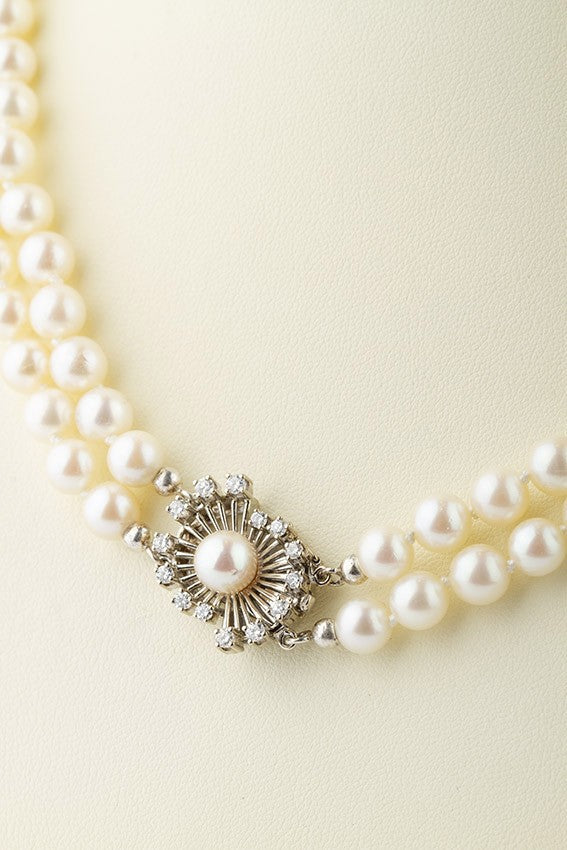 2-strand cultured pearl necklace with white gold clasp and diamonds