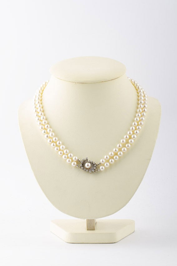 2-strand cultured pearl necklace with white gold clasp and diamonds