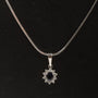 White gold entourage pendant with sapphire and brilliant cut diamonds on a white gold necklace