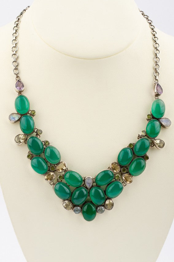 Silver necklace with various gemstones