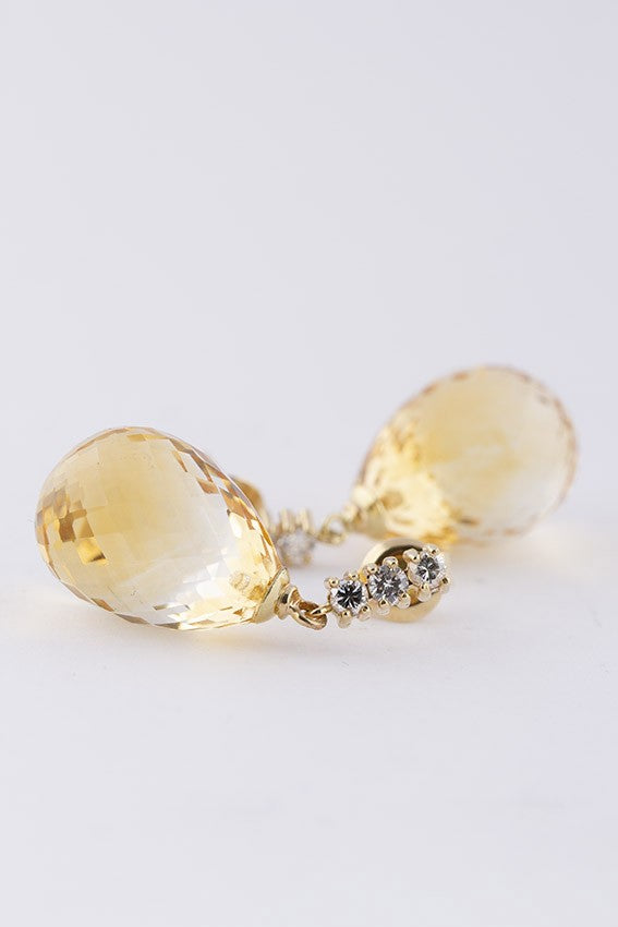 Gold earrings with faceted citrine and diamonds