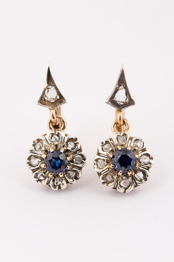 Gold earrings with sapphire and rose diamonds