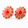 Gold entourage stud earrings with red coral