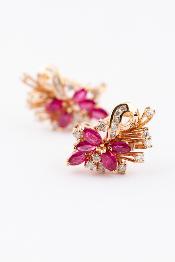 Gold earrings with rubies and diamonds