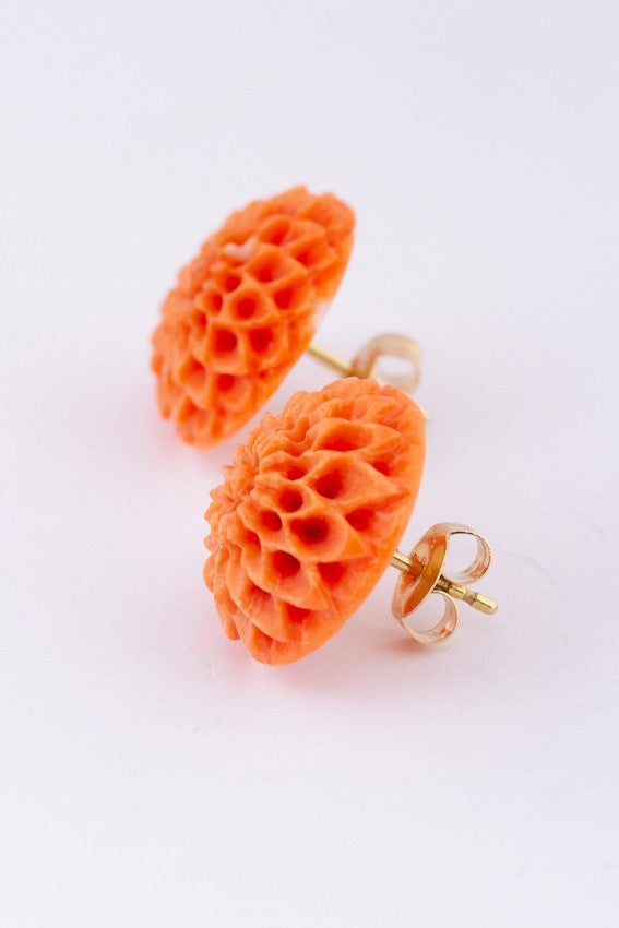 Flower cut red coral ear studs on gold studs