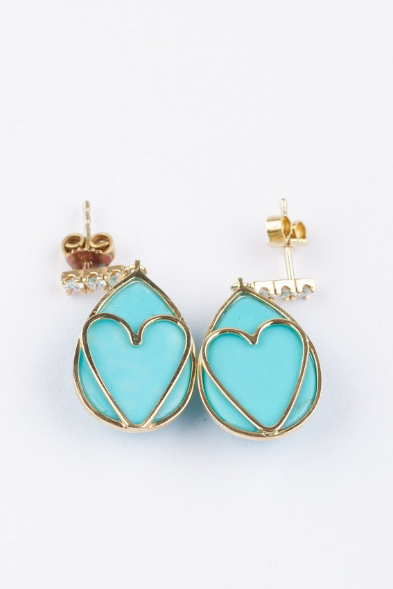 Gold earrings with a turquoise and 3 diamonds each