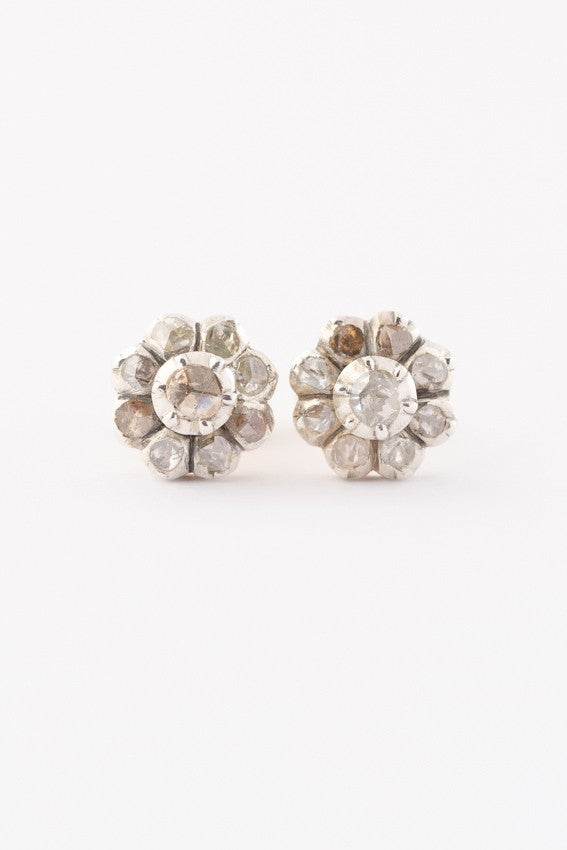 Antique gold entourage earrings with rose-cut diamonds set in silver