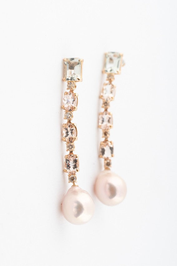 Gold long earrings with pearls, quartz and brown diamonds