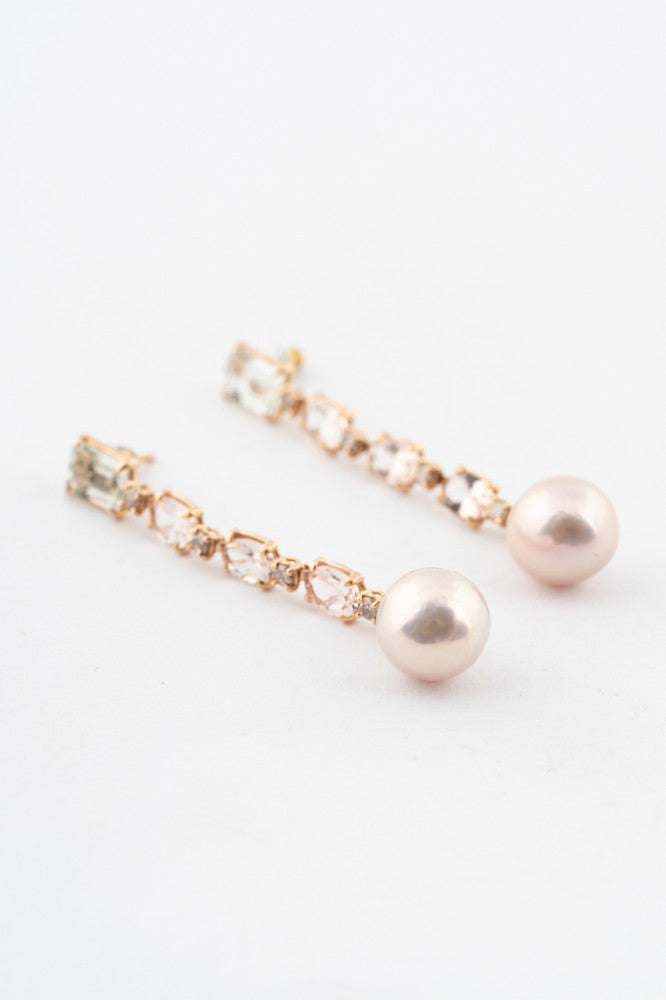 Gold long earrings with pearls, quartz and brown diamonds