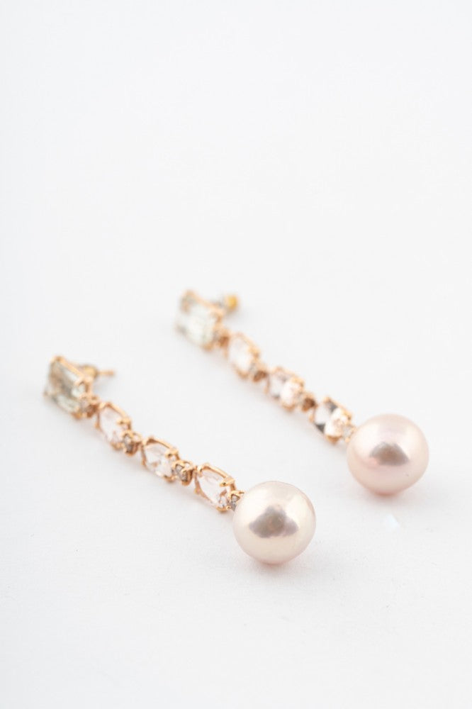 Gold long earrings with pearls, quartz and brown diamonds