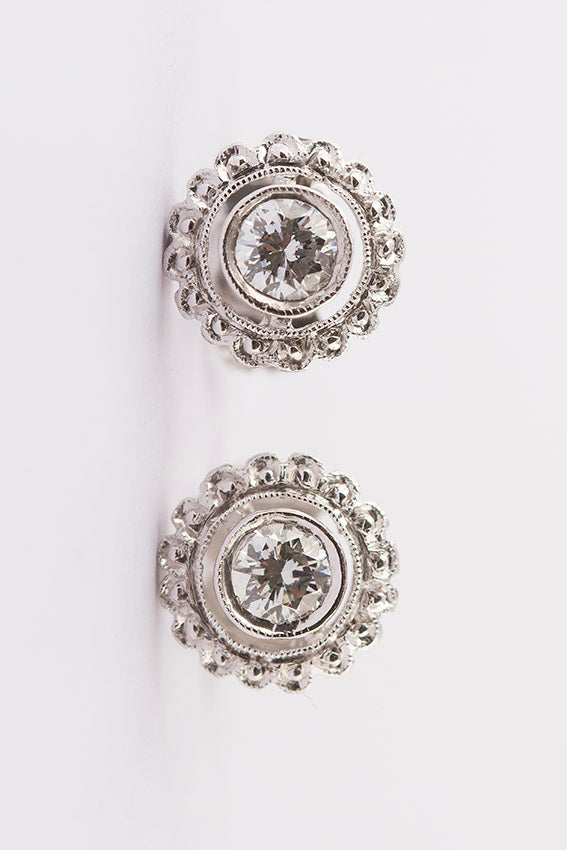 White gold solitaire earrings with brilliant cut diamonds (Art Nouveau style)