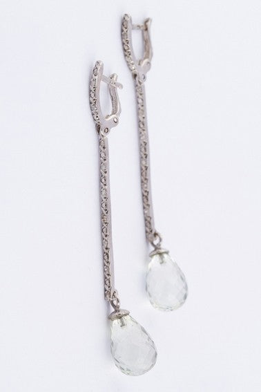 White gold long earrings with diamonds and prasiolite