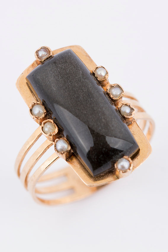 Spangen ring met zilverobsidiaan