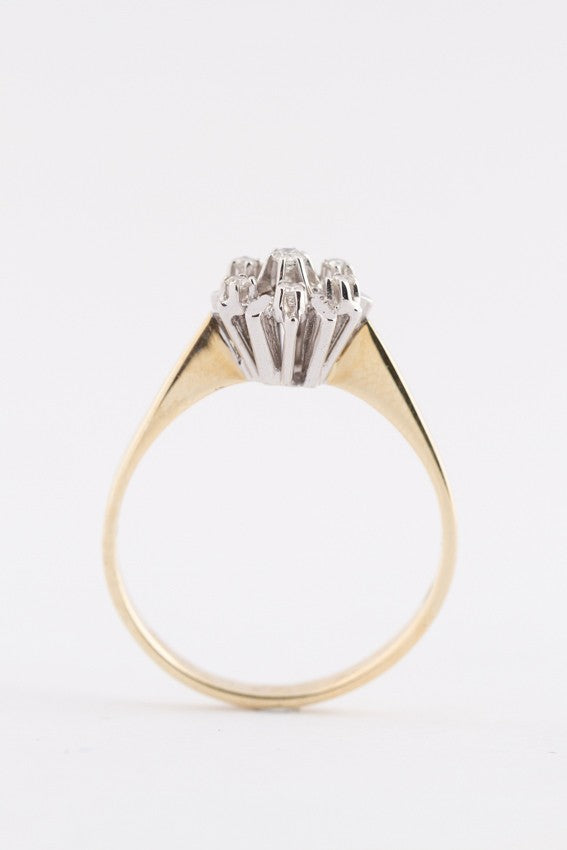 White/yellow gold entourage ring with a brilliant and diamonds