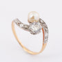 Antique gold ring 'moi et toi' with cultured pearl and old-cut diamonds