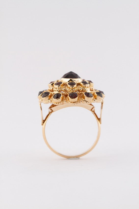 Gold double entourage ring with garnets
