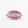 Gold ring with 5 brilliant-cut diamonds and a double row of rubies
