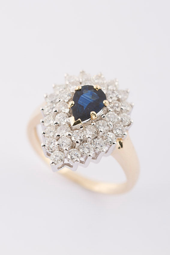 Wit/geel gouden dubbele entourage ring met saffier en briljant