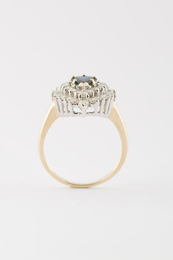 Wit/geel gouden dubbele entourage ring met saffier en briljant