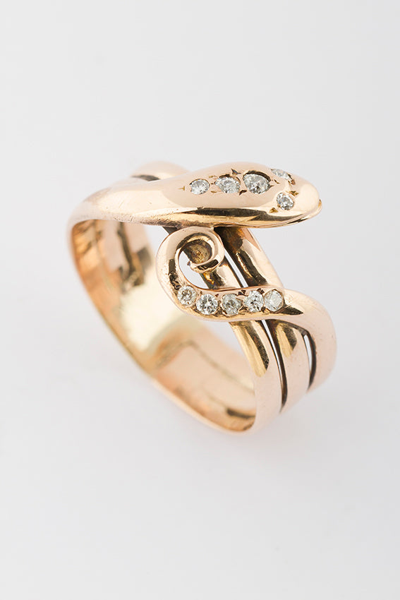 Gouden slangen ring met briljant