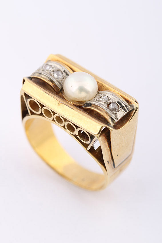 Gouden démodé/retro ring met parel en diamanten