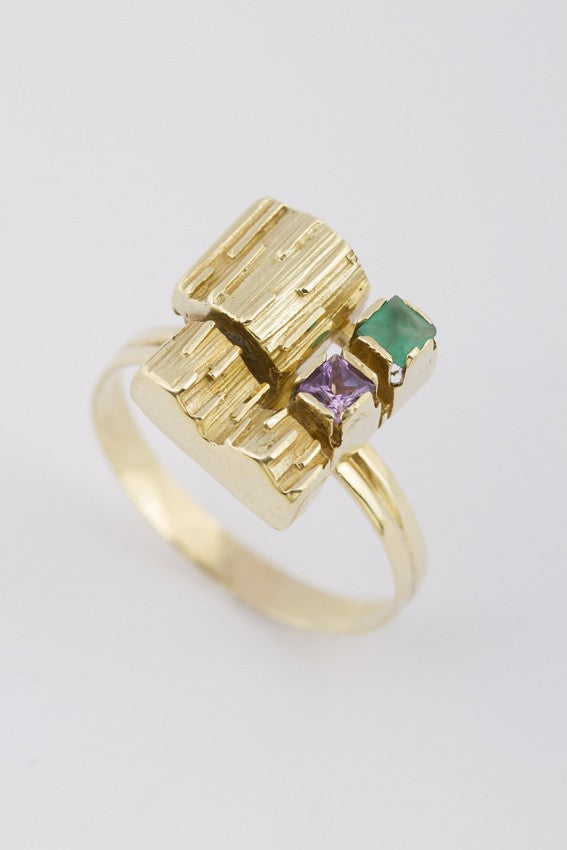 Gouden ring met amethist en groen agaat