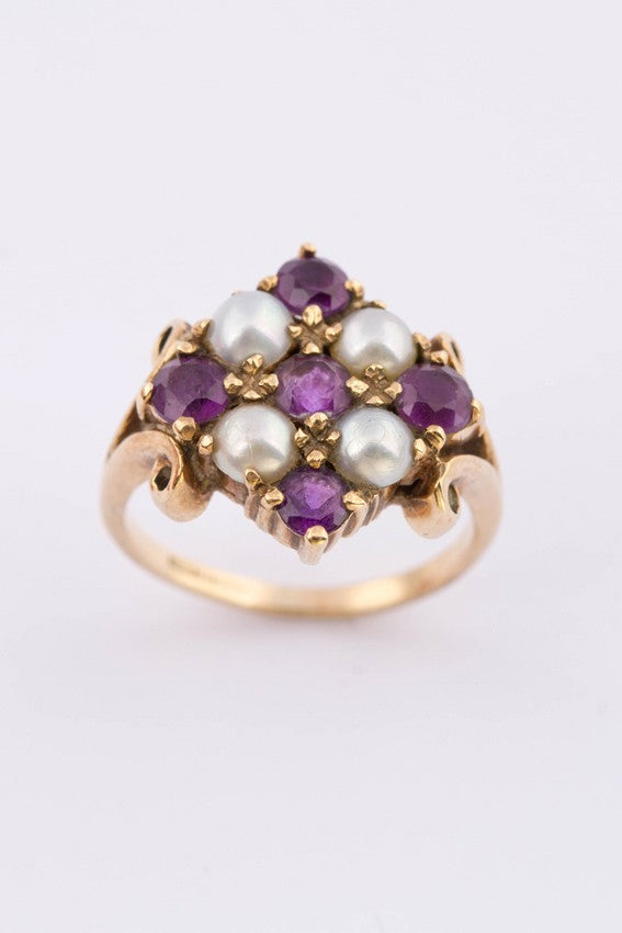 9 krt. engelse victoriaanse ring met amethisten en parels