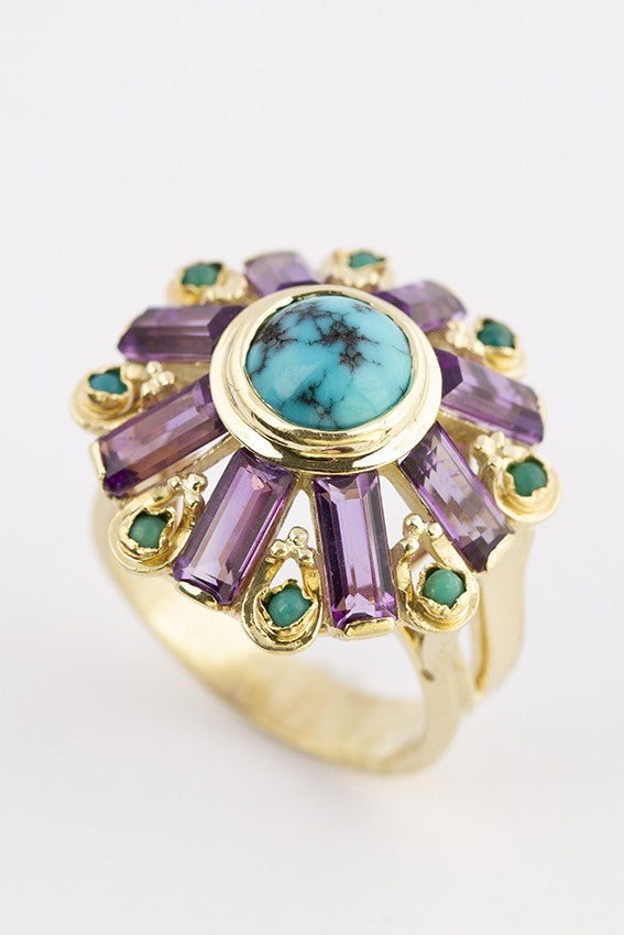 Gouden cocktail ring met turkoois en amethist