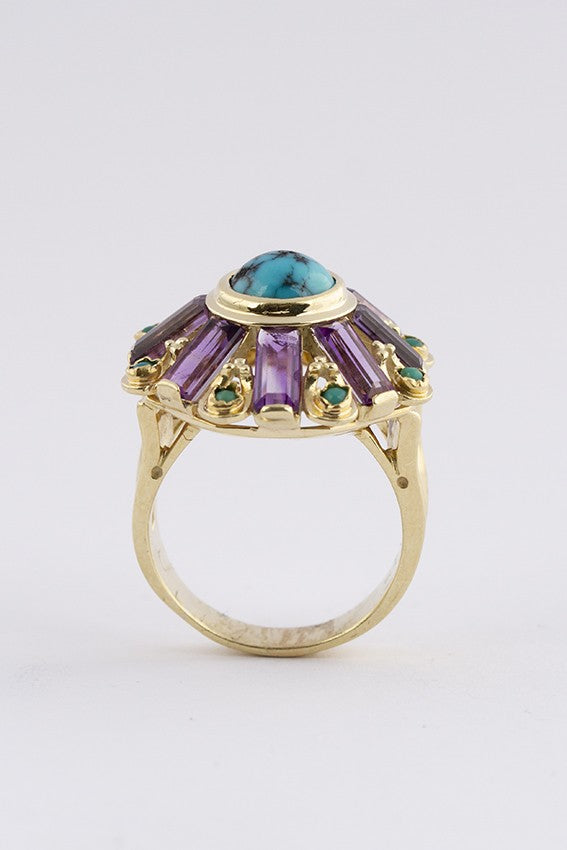 Gouden cocktail ring met turkoois en amethist
