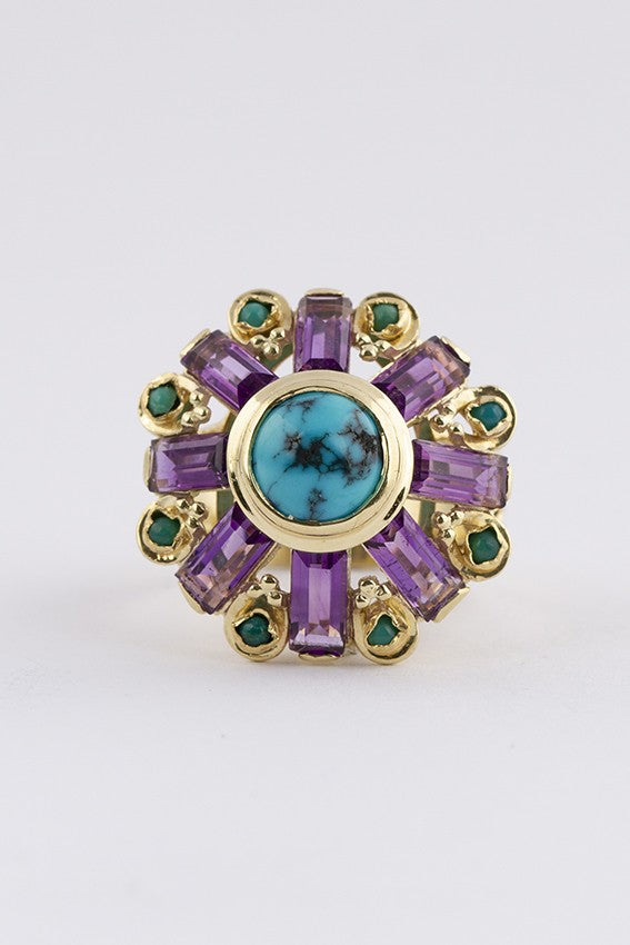 Gouden cocktail ring met turkoois en amethist