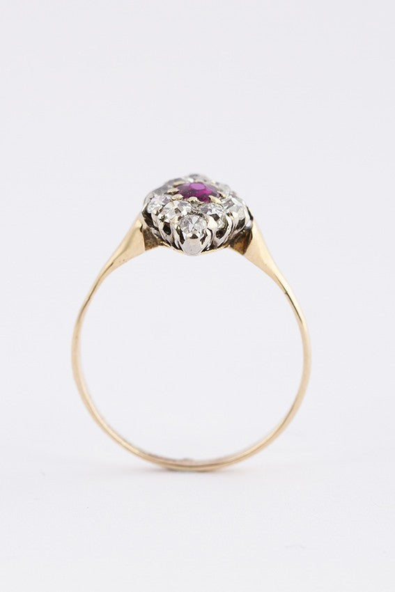 Gouden markies ring met robijn en briljanten