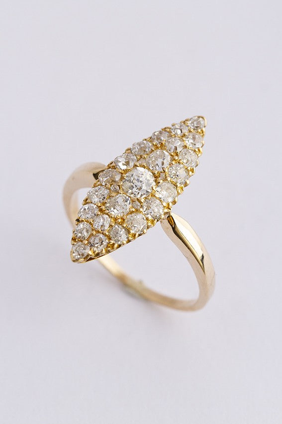 Gouden markies ring met oud geslepen briljanten en diamanten