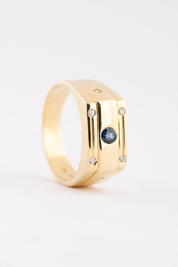 Gouden heren ring met briljant en saffier