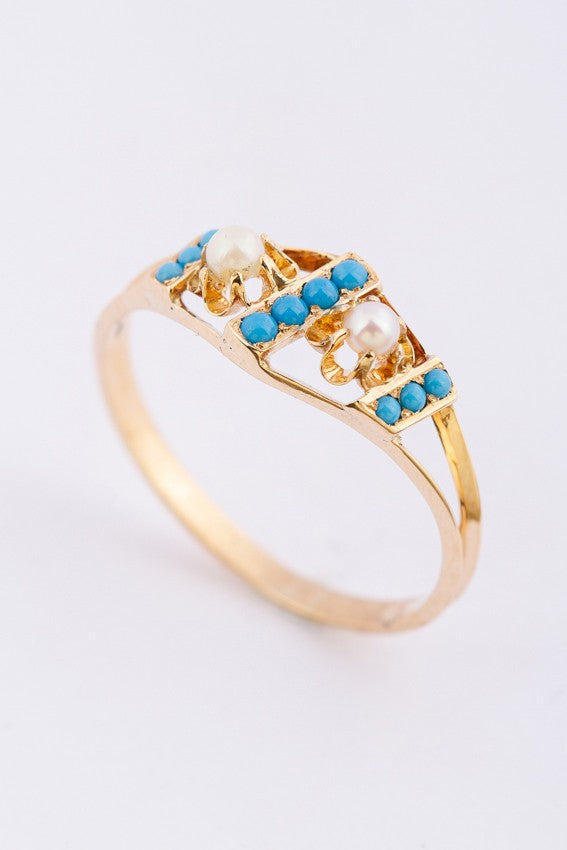 Antieke gouden ring met parels en turkoois