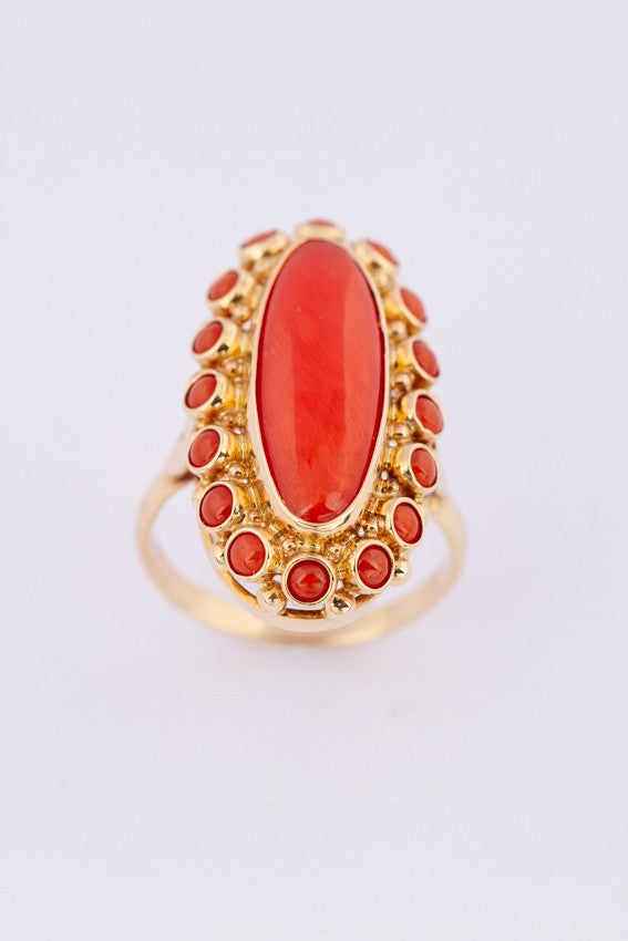 Gouden entourage ring met bloedkoraal